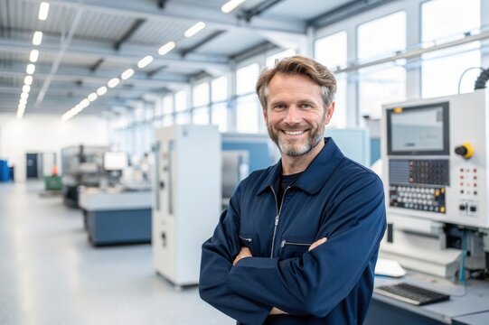 A knowledgeable technician stands with crossed arms and a smile in a contemporary manufacturing environment. The space is filled with advanced machinery, showcasing a commitment to technology and inno