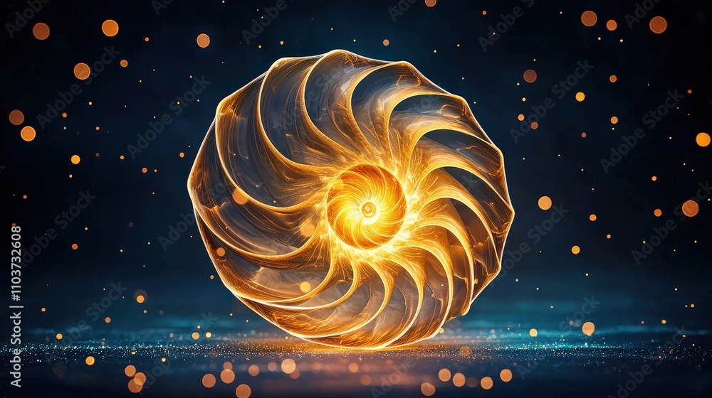 Poster a mesmerizing digital rendering of a golden spiral shell, illuminated with sparkling particles again