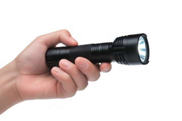 Hand Holding Black LED Flashlight Isolated on Transparent Background