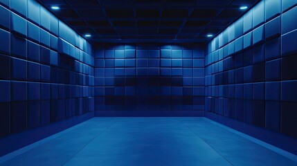 Anechoic chamber designed for sound isolation, presented in an empty, night blue room. The minimalistic style emphasizes the unique characteristics of an anechoic chamber, providing ample copy space.