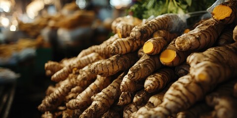 A detailed close up of fresh turmeric roots displayed at the market. This shot focuses on the unique characteristics of turmeric roots.