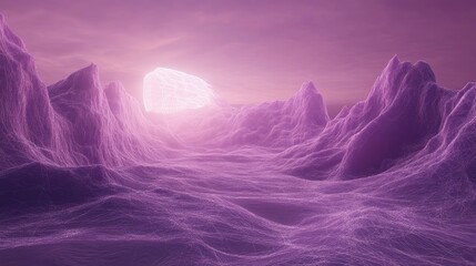 Abstract 3D landscape of a surreal violet-hued virtual reality scene featuring glowing mountain formations and a cybernetic wireframe terrain design.