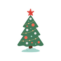 Christmas tree with red star. Colorful decorated pine. Vector illustration isolated on white. Modern flat design. Doodle retro style