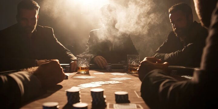 Silhouetted mafia playing poker, smoke-filled room
