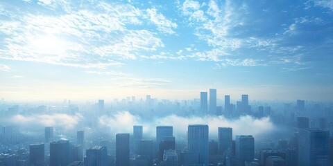 Fototapeta premium Cloud storage solutions set against a backdrop of an urban city skyline highlight the modern connection between technology and urban life through digital means.