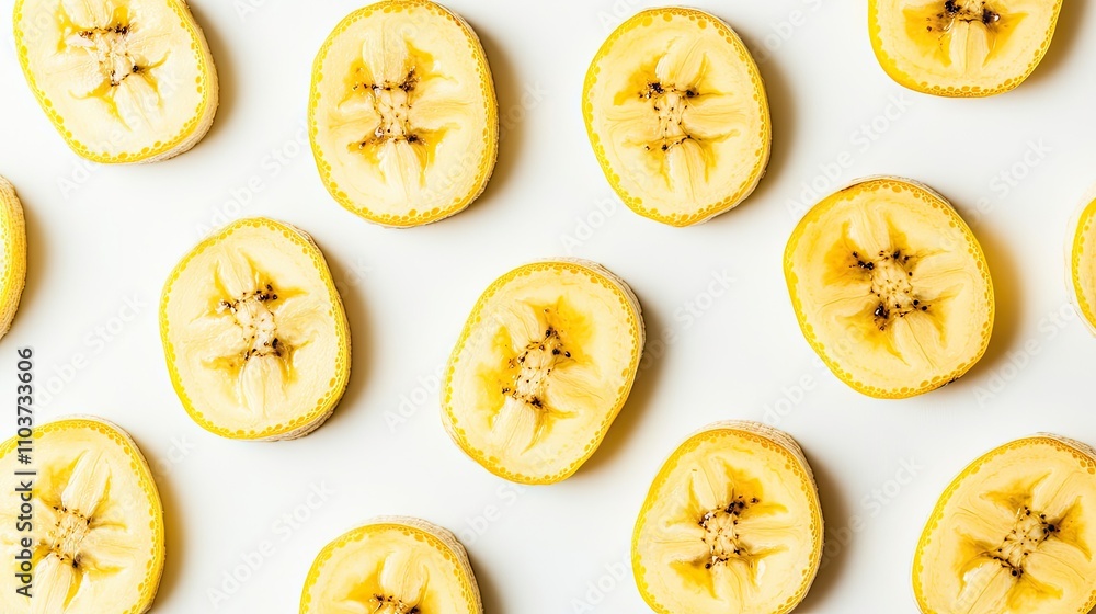 Poster isolated banana slices arranged on a clean white background, emphasizing the fresh and vibrant appea