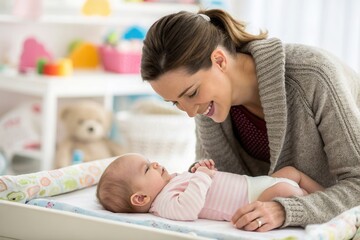 A mother smiles warmly at her infant as they share a joyful moment in a comfortable nursery. The bright, playful environment and soft pastel colors create a nurturing atmosphere for bonding and play.