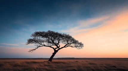 Obraz premium Solitary tree with bare branches standing in an open field during sunset, with a gradient of blue and orange sky in the background.