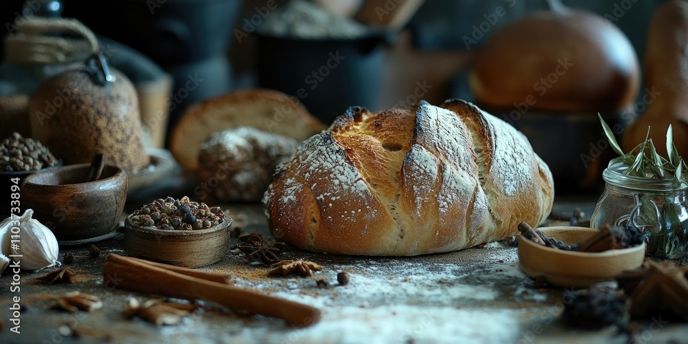 Poster a close up view featuring freshly baked bread accompanied by an array of spices displayed on a rusti