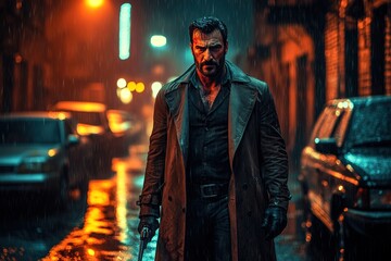 Obraz premium Man in rain-soaked street at night, grim and armed