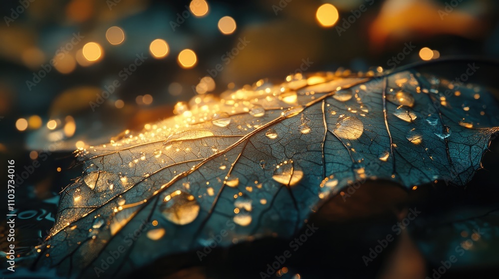 Poster bright, glittering droplets of water rest delicately on a leaf, creating a captivating scene with st