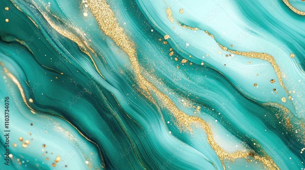 Aufkleber Abstract fluid art displaying diagonal mint green waves highlighted with shimmering gold particles, creating a mesmerizing marble-like texture.