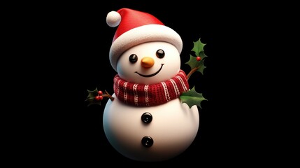 Adorable snowman toy wearing a red hat and scarf, decorated with holly, perfect for Christmas celebrations and festive holiday decor.
