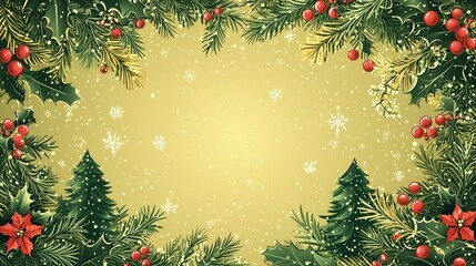 Festive Christmas Background with Pine Branches, Berries, and Snowflakes Creating a Cheerful Holiday Atmosphere for Creative Projects and Celebrations