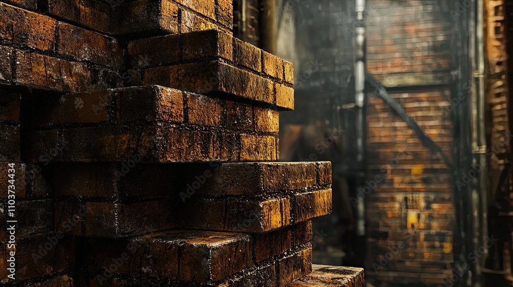 Poster industrial scene with a stack of bricks, highlighting the texture and arrangement of bricks, complem