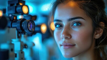 A close-up of a woman with bright eyes, surrounded by camera equipment in a clinical setting.