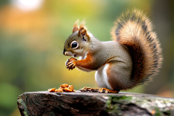 Obraz premium A furry squirrel sits on a log, munching on nuts, with a blurred natural background showcasing autumn colors.