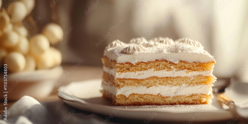 Poster napoleon cake comprised of cream and pastry dough, featuring a selective focus effect, along with an