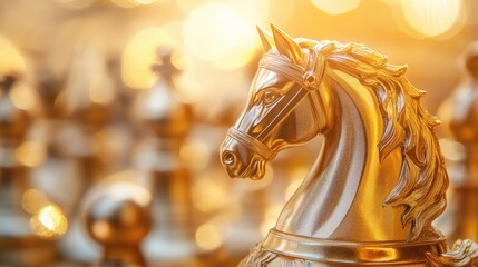 Golden Knight chess piece in focus with a blurred background, creating an artistic representation of the Knight, highlighting intricate details and craftsmanship. Ideal for chess enthusiasts.