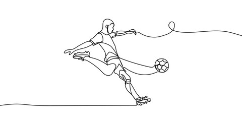 Continuous line drawing. Illustration shows a football player kicks the ball. Soccer. Vector illustration