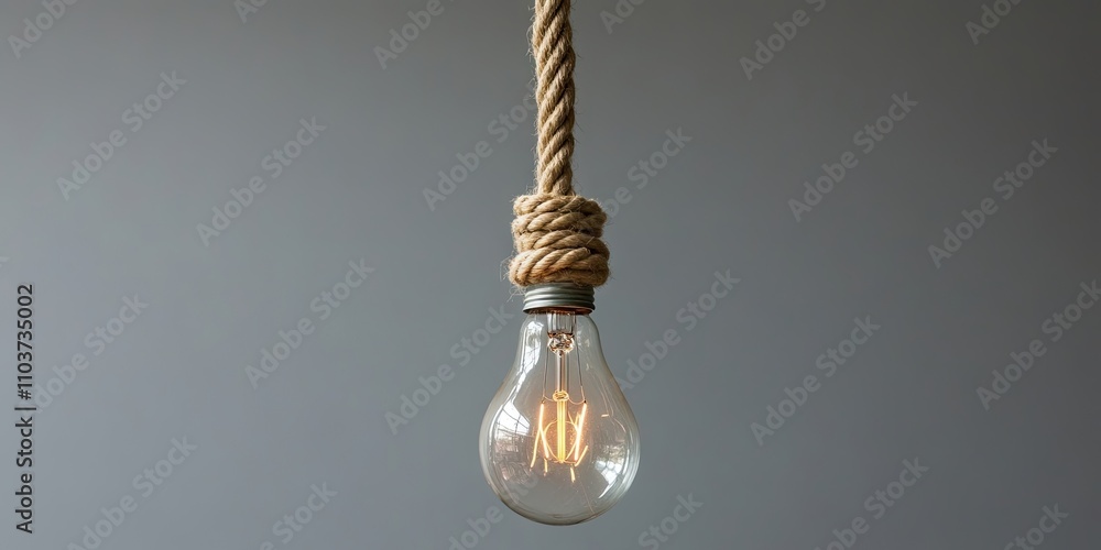 Poster a light bulb suspended by a rope against a gray backdrop. the bulb hangs freely on the gray surface,
