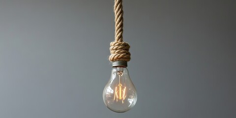 A light bulb suspended by a rope against a gray backdrop. The bulb hangs freely on the gray surface, creating a simple yet striking visual of light and shadow.