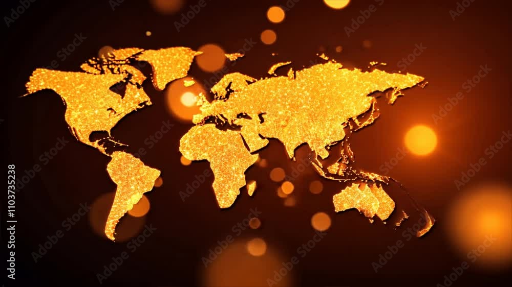 Poster Glowing World Map with Sparkling Golden Lights on Dark Background Vibrant and Dynamic Visual Effect for Global Themes, Captivating Attention with Abstract Beauty.