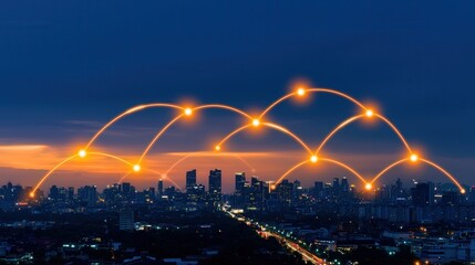 Supply chain, Global, Economics. Dynamic light trails over a city skyline at dusk.