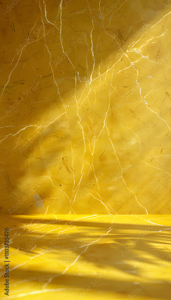 Poster a close-up of a yellow marbled surface with light and shadow patterns.
