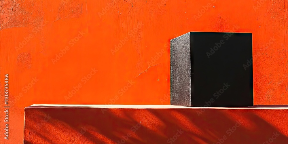 Poster bold black cube set against a vibrant orange backdrop creates a striking visual contrast. the bold b