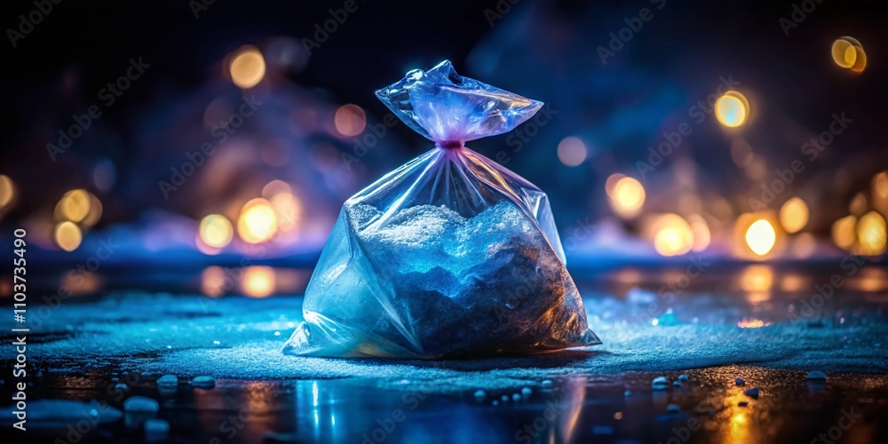 Poster night photography of an isolated ice bag on a dark surface with subtle reflections and soft lighting
