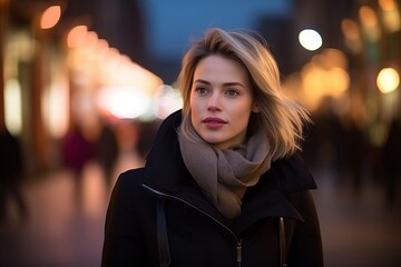 Portrait of a beautiful young woman in the city at night.