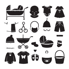 Newborn baby black set silhouette vector illustration