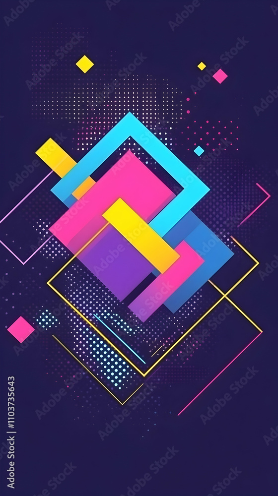 Poster vibrant geometric abstract background, colorful squares intersect dynamically on a dark purple canva