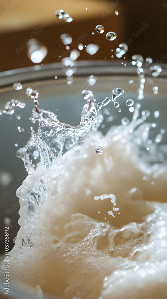 Poster a close-up of water splashing in a bowl, creating dynamic droplets and foam.