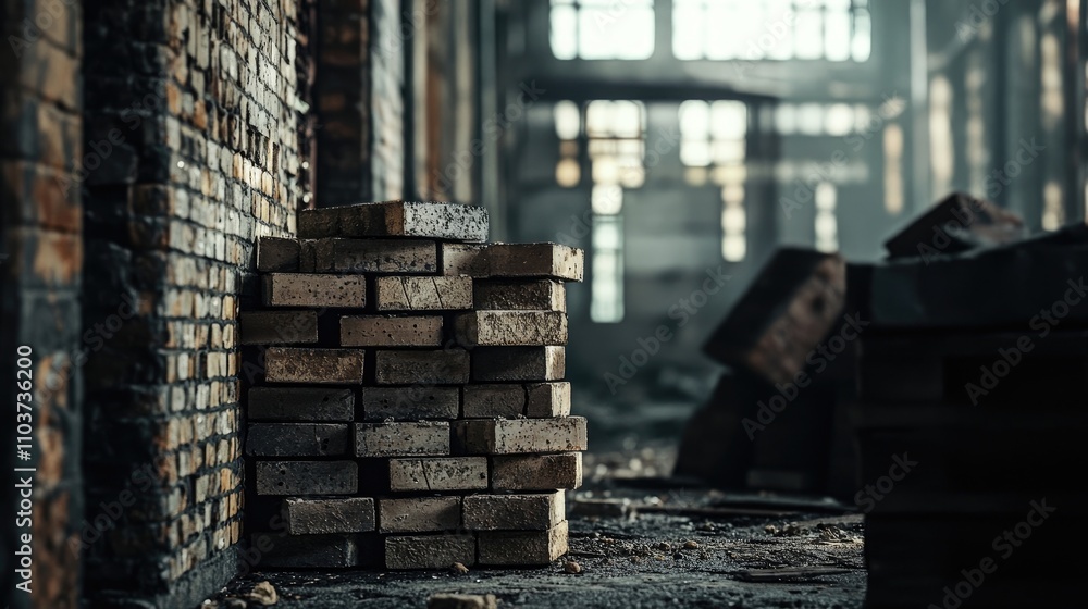Poster industrial scene with a stack of bricks, highlighting the texture and arrangement of bricks, complem