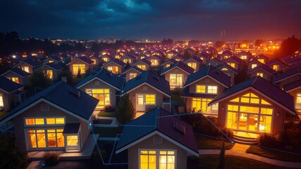 Night Lights of Home: Aerial view of a neighborhood at night, bathed in a warm, inviting glow.  A scene of peak energy demand of energy.