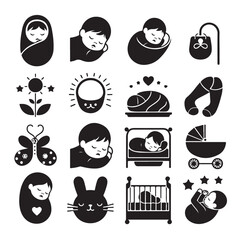 Newborn baby black set silhouette vector illustration