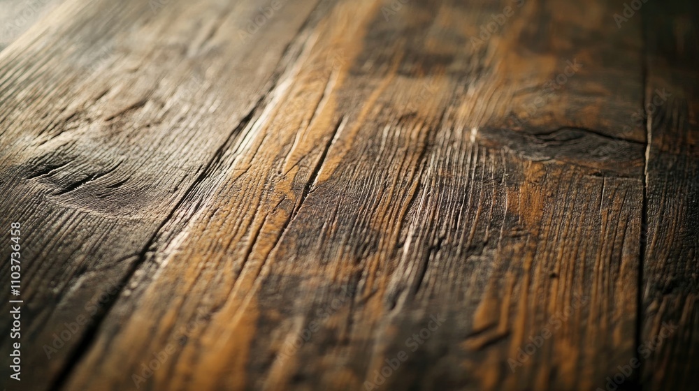 Poster close-up image of a weathered wooden table with scratches, highlighting the unique texture of the ol