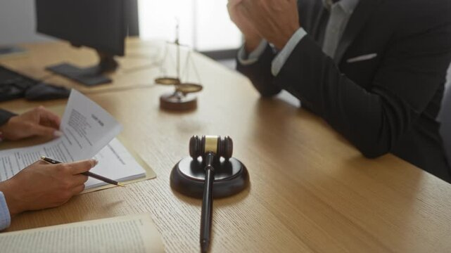 Man putting hands on face worried discussing with lawyer in office with documents scales and gavel on desk
