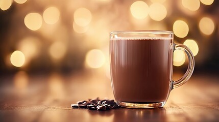 Obraz premium A glass mug filled with a hot drink, such as hot chocolate, sits elegantly against a blurred background, creating a perfect atmosphere for enjoying a cozy beverage. Ideal for warm drink enthusiasts.