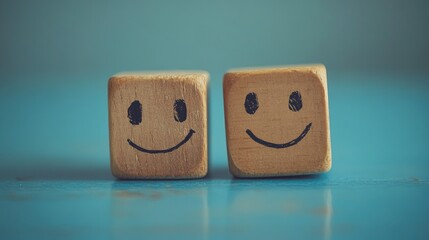 Smiling wooden cubes representing joy against a calm blue backdrop, illustrating positive mindset and emotional expressions.