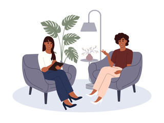 World Mental Health Day. Person at psychotherapy. Psychologist works with the patient's mental health. Vector illustration in flat style