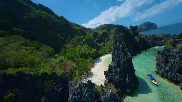 FPV drone footage of Hidden Beach near El Nido, Palawan, Philippines. Soar over turquoise waters, white sand, and lush greenery, showcasing the serene, untouched beauty of this secret tropical paradis