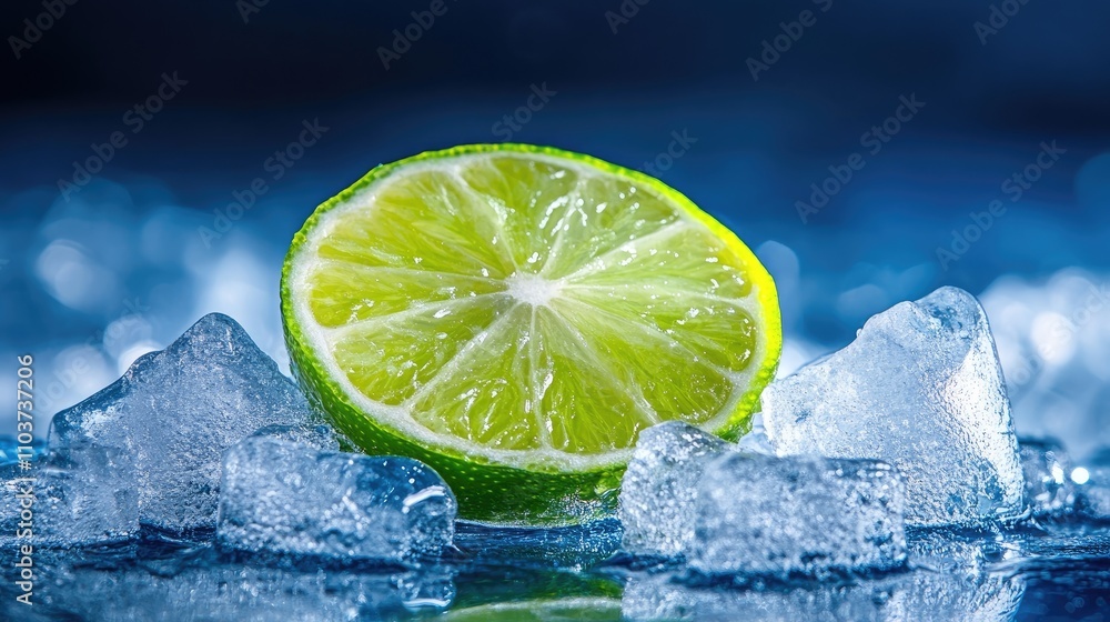 Aufkleber fresh slice of lime resting on ice cubes, creating a refreshing contrast against a blue backdrop. th