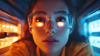 A close-up of a young person with illuminated glasses, surrounded by colorful lighting.