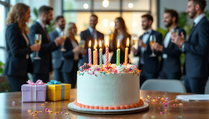 An office birthday celebration with a decorated cake and joyful colleagues.