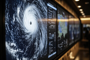 Weather warning. A powerful hurricane is displayed on a large screen, showcasing its eye and surrounding weather data, emphasizing the impact of severe weather monitoring.