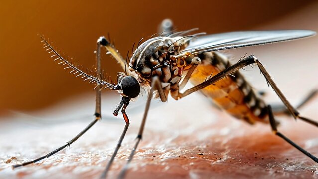 Close-Up of a Mosquito on Human Skin in the Wild, A Detailed Glimpse into Nature's Tiny Predator
