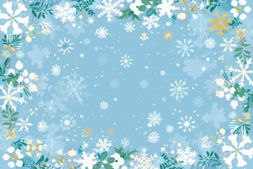 Background of light blue with simple winter snowflakes and snowtree brunches framing the edges, in the style of cartoon.
